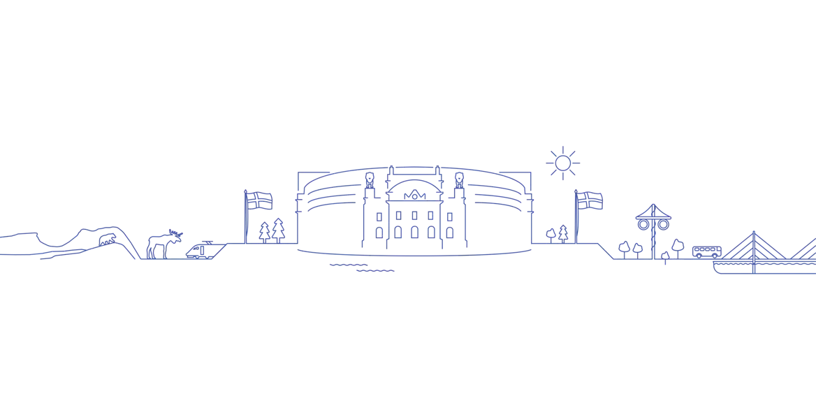 Line-style illustration showing Swedish landscapes, animals, flags, trains, buildings, and bridges – a symbol of Sweden and its diverse society.